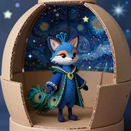 a finely knit bipedal starry night blue peacock fox doll, wearing peacock feather mage robes with gold accent jewelry, inside a handcrafted cardboard observatory to look at the hand painted night sky full of glittery star stickers and glow in the dark star stickers, adorable, charming, macro camera lens, well lit, cinematic, real life