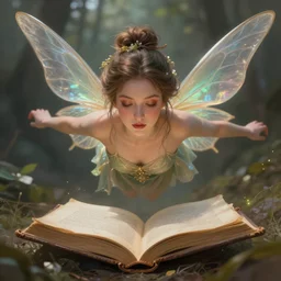 a very beautiful fairy with a beautiful detailed face, the fairy hovers above an old opened book, digital painting, fantasy art