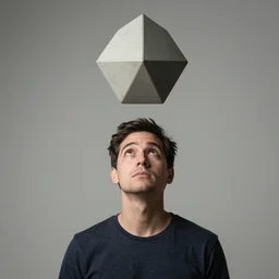 man with a hexagonal bipyramid floating above their head, portrait, photorealistic, 4 k, studio lighting