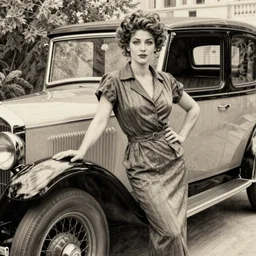 Louis Icart, a drawing of a woman posing in front of a 1920's car by Louis Icart, highly detailed, masterpiece, trending on ArtStation, ultra realistic