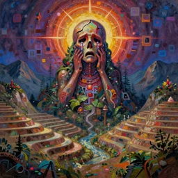 a terraced mountain landscape, ayahuasca purge, magic halo, broken soul, deep sickness oil paint, surrealist highly detailed at, ethereal, trending on art station, emotional surrealism oil painting, tears, crying, glitching squares, very very very very very beautiful