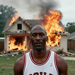 a photo of a house burning down in the background and michael jordan with an eerie expression in the foreground, strong depth of field