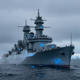 epic huge soviet warship in arctic, no frame, foggy, volumetric lighting, epic blue glow, by greg rutkowsky, shishkin and aivazovsky