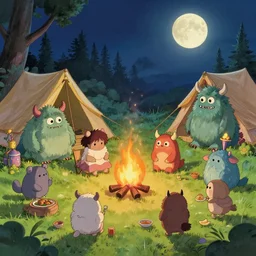 lab to create cute monsters and creatures, having a bonfire and feast under moonlight, camping, natural lighting, playful color scheme, intricate details, matte painting, illustration, by hayao miyazaki