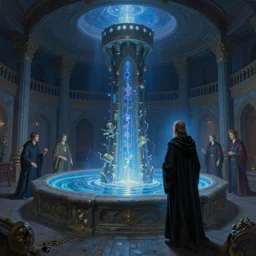 wizard tower with magic pool of seeing in the center of the room. blue light from the pool lights up the room. a wizard in black robes stands next to pool looking into it. - jeff easley, brom, greg rutkowski, craig mullins, realistic painting highly detailed