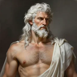 painted portrait of rugged zeus, greek god, white hair, masculine, mature, handsome, upper body, muscular, hairy torso, fantasy, intricate, elegant, highly detailed, digital painting, artstation, concept art, smooth, sharp focus, illustration, art by greg rutkowski