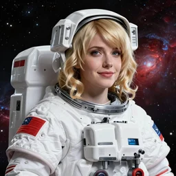 highly detailed portrait of a hopeful pretty astronaut lady with a wavy blonde hair, by Charles Shulz, 4k resolution, nier:automata inspired, bravely default inspired, vibrant but dreary but upflifting red, black and white color scheme!!! ((Space nebula background))