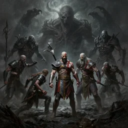 an ultra matte landscape painting of the hunter from bloodborne teaming up with kratos, killing the great ones, epic fantasy, grimdark realism, cosmic horror, liminal space, ultrawide lens, intricate, highly detailed, digital painting, artstation, concept art, sharp focus, octane render, art by greg rutkowski and rembrandt