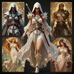 Character concept and fashion spot illustrations from Assassin's Creed Odyssey and Xena Warrior Princess and Final Fantasy mashup, full-body, bloom, dynamic poses, diaphanous cloth, intricate crystalline and feather jewelry, ornate, filigree, arcane, cinematic lighting, by Alphonse Mucha, by Artgerm, by Bouguereau, by Sakimichan, fantasy, portfolio illustration, highly detailed, trending on Artstation, CGsociety, HQ, 8k, 35mm lens, f2.8, Bokeh,