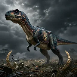 Majestic dinosaur striding through field, eerie, lovecraftian, moody, concept art, cinematic