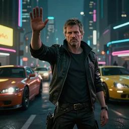 Jordan B Peterson waving, Cyberpunk 2077, night city, cars