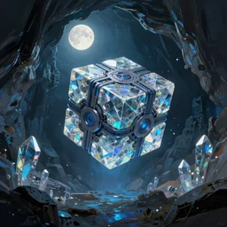 concept art by jama jurabaev, cel shaded, cinematic shot, trending on artstation, high quality, brush stroke, vibrant colors, beautiful crystal cave under the moonlight, a sci - fi mechanical crystal cube floating in the air