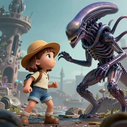 Dora the explorer fighting Xenomorph, by Moebius and Giger, greg rutkowski, very coherent, cinematic, hyper realism, high detail, vivid colors, octane render, unreal engine, 8k, Smooth gradients, High contrast, depth of field by Jacek Yerka