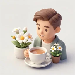 isometric view, guy having chai, happy, flowers, absurdly beautiful, elegant, realistic ultrafine hyperrealistic detailed face illustration by wong kar - wai, intricate linework, sharp focus, bright colors, matte, unreal engine highly rendered, global illumination, radiant light, intricate environment