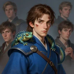 a young mage, with brown hair and a burn scar in his face, blue robes and a pet salamander in his shoulders, digital art, character art portrait, matte fantasy painting, deviantart artstation, by jason felix by steve argyle by tyler jacobson by peter mohrbacher, cinematic lighting, smooth, sharp focus,