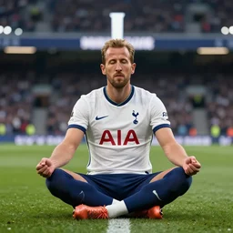 harry kane from Tottenham Hotspurs meditating in the middle of the pitch cross legged with a goat in the background balancing itself on a soccer ball