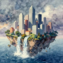 a beautiful photo of a metropolis built on a island floating above the sea in the sky, waterfalls fall from the island into the sea, colorful watercolor, by ruan jia, by maxfield parrish, by marc simonetti, by hikari shimoda, by robert hubert, by zhang kechun, illustration, gloomy, volumetric lighting