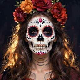 Illustration of a sugar skull day of the dead girl, art by chesley bonestell