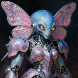 a baroque neoclassicist renaissance close - up portrait of a blue and pink iridescent whimsical 1 8 0 0 s alien mecha gundam butterfly witch. reflective detailed textures. glowing eyes, dark background. highly detailed fantasy science fiction painting by moebius, norman rockwell, frank frazetta, and syd mead. rich colors, high contrast. artstation
