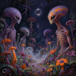 a neoclassicist sci - fi painting of a purple and orange alien garden with plants, flowers, mushrooms at night with glowing bubbles. iridescent textures. glowing fog. highly detailed fantasy science fiction painting by moebius, norman rockwell, frank frazetta, and syd mead. rich colors, high contrast, gloomy atmosphere, dark background. artstation