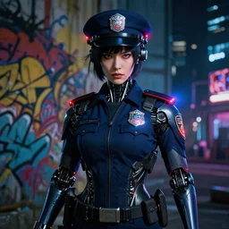 portrait of a menacing female japanese cyborg police, future tokyo, police lights, high detail, intricate detail, golden ratio, cinematic lighting, ghost in the shell, night, by sachin teng and sergey kolesov and ruan jia and heng z and wlop. graffiti art, scifi, fantasy, hyper detailed. octane render. concept art. trending on artstation