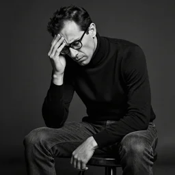 black and white, studio photograph of a male italian artist wearing glasses sitting on a stool wearing a turtleneck, anxiety and depression, intricate, elegant, highly detailed, hyper realistic, dark background, flickr, smooth, sharp focus, shot by george hurrell