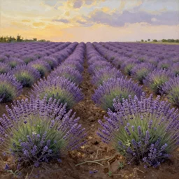 a field of purple lavender flowers growing on fertile brown soil, during golden hour, wide angle, oil painting by john constable, hyperrealistic, high detail, romantic period