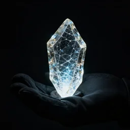 a glowing shard of kryptonite held in an open black - gloved hand, black background