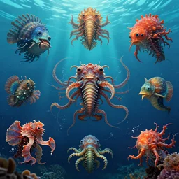 sea creature designs, Kim Jung Gi, Greg Rutkowski, Darek Zabrocki, Karlkka, Jayison Devadas, Phuoc Quan, trending on Artstation, 8K, ultra wide angle, pincushion lens effect