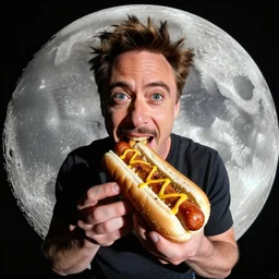robert downey jr eating a delicious hot dog on the moon, dynamic lighting, gopro selfie with a fisheye lens