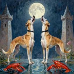 a painting of two whippets standing in between two towers while howling at the moon. rain falls from the moon. in the foreground a crayfish emerges from water.
