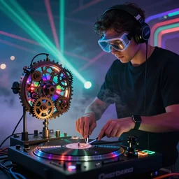 a person wearing goggles and visor and headphones using a retro clockwork record player contraption, wires and tubes, turntablism dj scratching, intricate planetary gears, cinematic, imax, sharp focus, leds, bokeh, iridescent, black light, fog machine, hazy, lasers, hyper color digital art