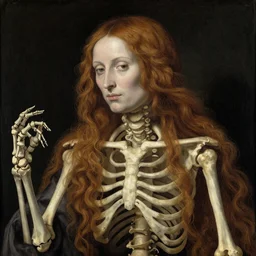 a beautiful skeleton woman with long flowing hair, colored image, old masters style