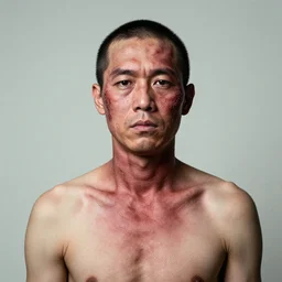 photographic portrait of a burn victim with scarring on his face and chest by jeff wall