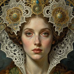 detailed realistic beautiful young medieval queen face portrait by jean delville, gustave dore and iris van herpen, art forms of nature by ernst haeckel, art nouveau, symbolist, visionary, gothic, pre - raphaelite, fractal lace, surreality, horizontal symmetry, intricate details