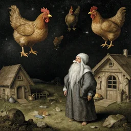 baba yaga in space in the foreground and her hut with chicken feet floating in the background ultra - detailed epic masterpiece by albrecht durer