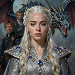 a portrait painting of daenerys targaryen queen in fantastic dress next to a dragon, embellished crystal and gemstones, medium shot, clear face, detailed face, symmetrical face, face enhancement, rim light, by jaime jones, tom bagshaw, lawrence alma - tadema, greg rutkowski, trending on deviantart contest winner, artstation, fantasy art, highly detailed, 8 k, digital painting, concept art, sharp focus, illustration, golden ratio, mythological, cinematic lighting, maximalist