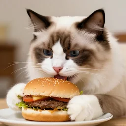 a ragdoll cat is eating a hamburger, photorealistic, highly detailed, 4k, sharp