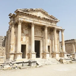 an image from a video on archaeology showing an old ruin. an artists pencil sketch of the building in pristine and complete condition has been overlaid onto a photo of the ruin using double exposure