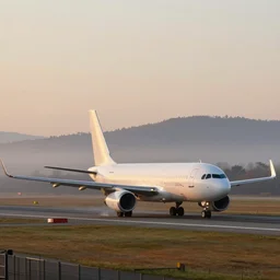 single airbus airplane on runway at sunrise, mist. hills in the background. painting by moebius