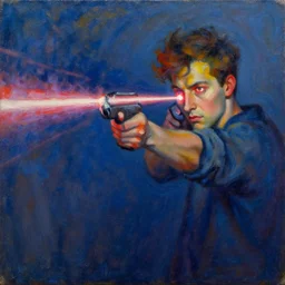 An impressionist oil painting of a human shooting laser with its eyes