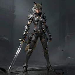 a full body character portrait of a female humanoid anthropomorphic edgy cyborg - wolf posing heroically with a broadsword and gun in the style of urban fantasy in the style of dark fantasy trending on artstation deviantart pinterest furaffinity detailed realistic hd 8 k high resolution