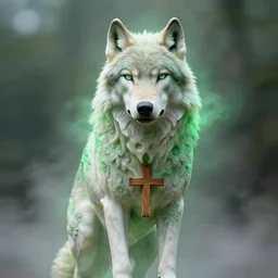 the long shot of portrait of a wolf with a green aura and a wooden cross around his neck, fractal flowers on the skin, intricate, a marble sculpture by nicola samori, behance, neo - expressionism, marble sculpture, made of mist, still frame from the prometheus movie by ridley scott with cinematogrophy of christopher doyle, arri alexa, anamorphic bokeh, 8 k