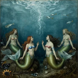 mermaids by hieronymus bosch under the sea, detailed