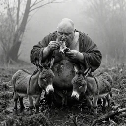 1 9 7 0 s movie still by tarkovsky of one giant obese old bald man eating meat in dirty medieval clothes with one tiny donkey in a mossy swamp, cinestill 8 0 0 t 3 5 mm b & w, heavy grain, high quality, noir, natural textures, photorealistic, ambient occlusion, hd, mud, fog, criterion collection