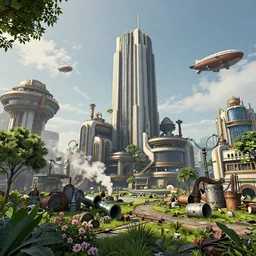 a futuristic steampunk city with art deco architecture, movie concept art, lush vegetation, trees, flowers, steam, smoke, wires, junk, air ships, octane render, photo realistic, highly detailed, trending on artstationH 704
