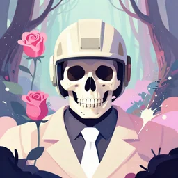 a skull wearing a master chief helmet, rose, otherwordly forest, white tie, pixiv fanbox, dramatic lighting, maximalist pastel color palette, splatter paint, pixar and disney exploded - view drawing, graphic novel by fiona staples and dustin nguyen, peter elson, clean cel shaded vector art, trending on artstation