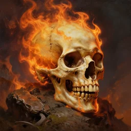 fiery skull contemplating life, gracked, detailed, painted by raymond swanland, ((((((giger))))))