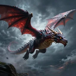 falcor the luck dragon in the neverending story flying bravely through the nothing epic storm. digital art, volumetric lighting