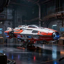 a side view photo of a futuristic science fiction corvette on a reflective black floor in a industrial diesel punk scientific research laboratory, hyper detailed, smooth, high contrast, volumetric lighting, octane, jim lee, craig mullins, vibrant rich deep color
